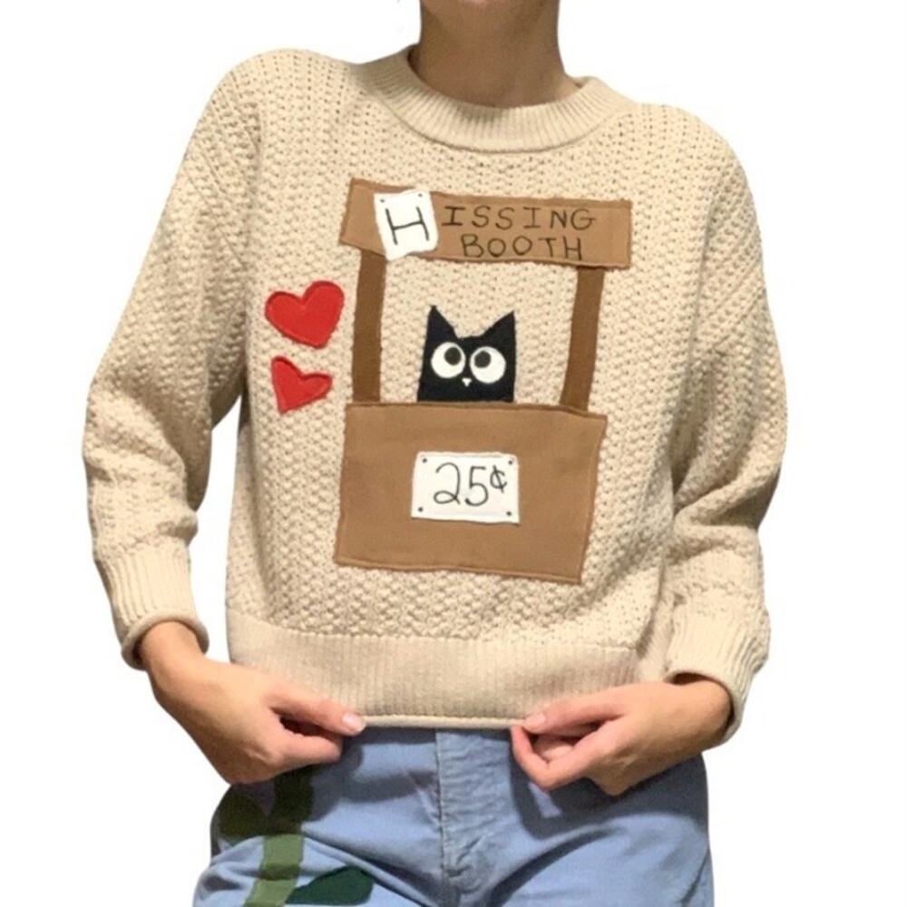 “Hissing Booth” Custom Patchwork Cat Knit Sweater – Small